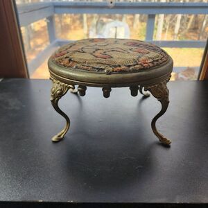 Antique Cast Iron & Wood Foot Stool Georgian Style Upholstered Turkish Tapestry